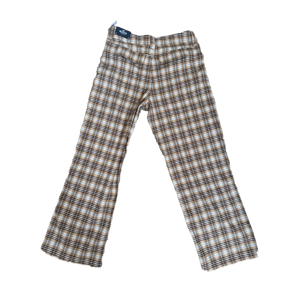 Hollister Pants Womens SZ 11 Juniors‎ Beige Brown Plaid High Rise Baggy Fit Wide